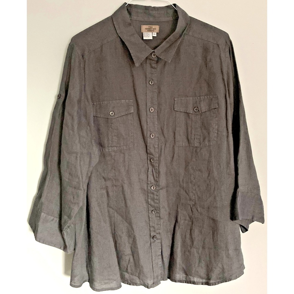 The Territory Ahead Shirt Women 3X Gray Linen Button Front 3/4 Sleeve Tunic Top